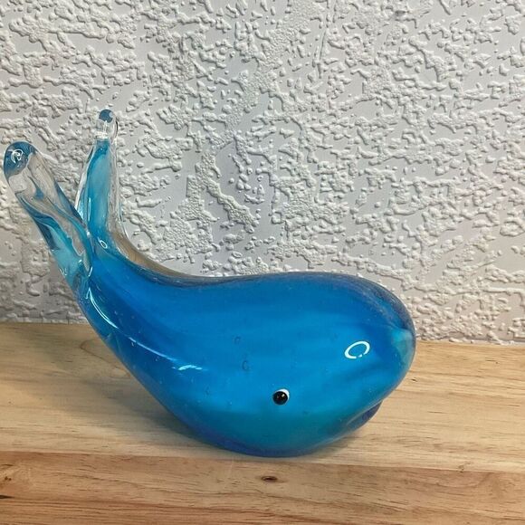 Vintage Murano Style Blue Hand Blown Art Glass Paperweight Blue Whale Figurine - Picture 11 of 11